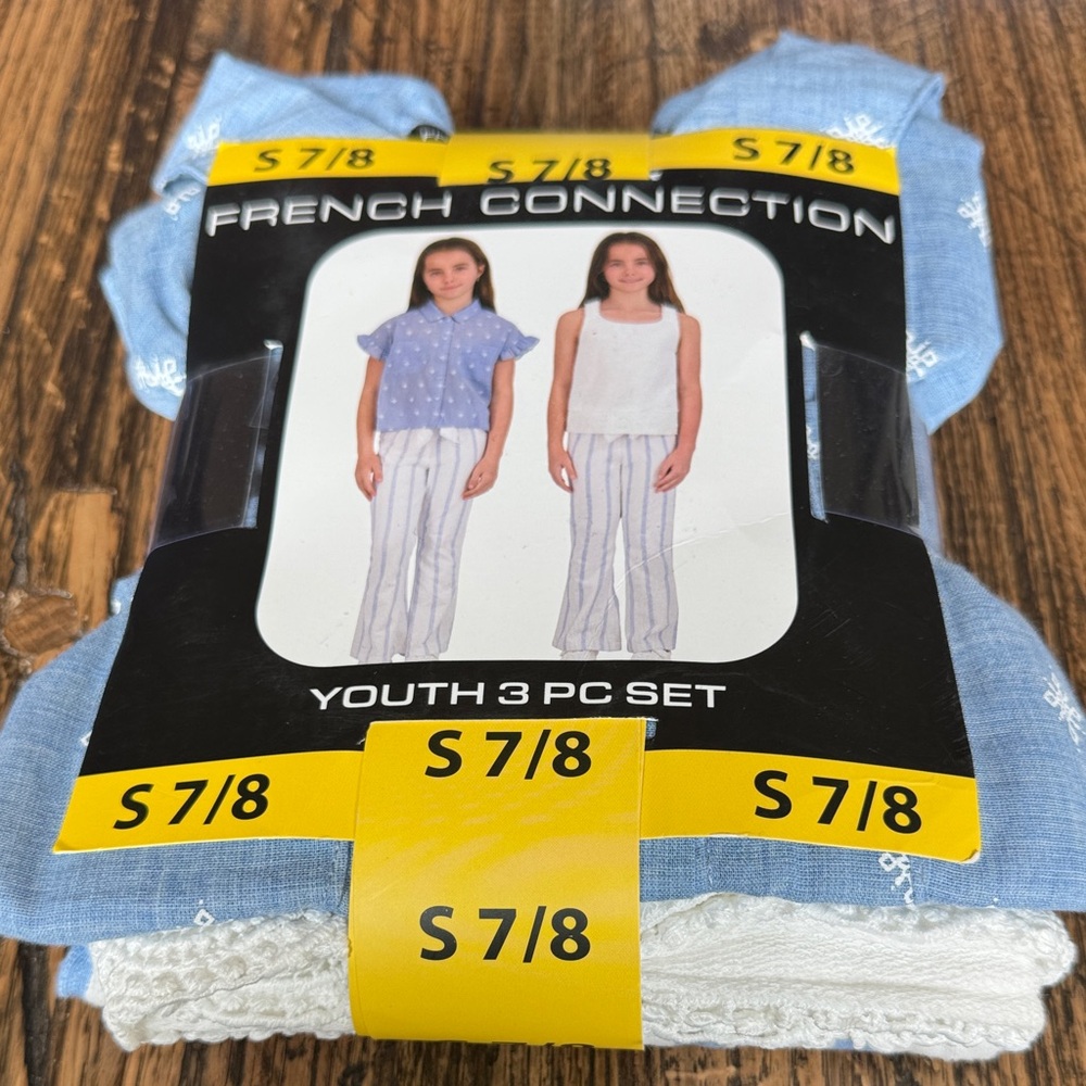 NWT. French Connection Light Blue & White Youth 3-Piece Pajama Set